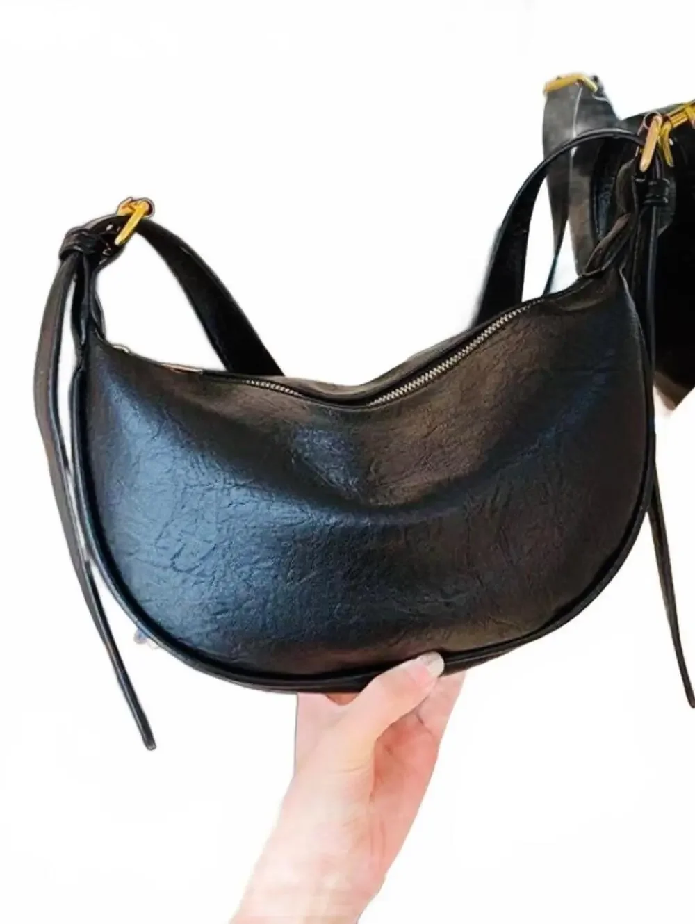 New -Sleek & Stylish -Genuine Leather Crescent Hobo Bag -Black